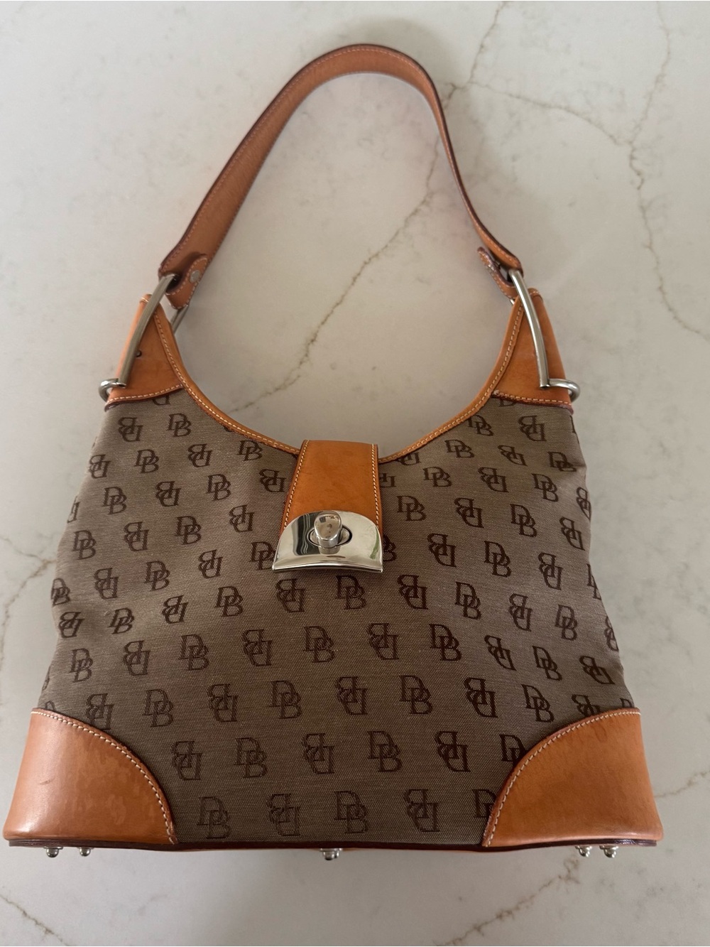 Dooney & Bourke Y2K Vintage Brown Monogram Shoulder Bag with Tan Leather Trim